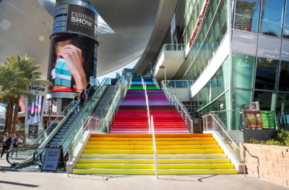Fashion Show Las Vegas Reveals Rainbow Mural Installation, “Colors That Speak to a United City,” on Plaza Staircase